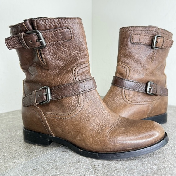 PRADA Leather Biker Moto Leather Boots Two Buckles Low Heel Brown Size 37 1/2 - Picture 1 of 11